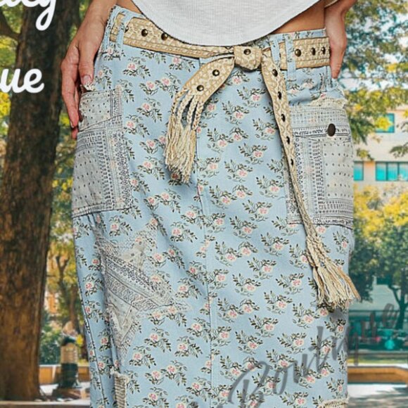 POL Boho Pastels with a Grunge Flare Patchwork Floral Raw Edge Denim Jean Skirt - Picture 5 of 8